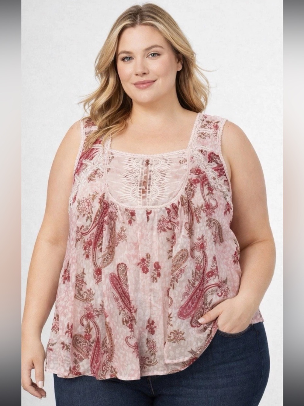 Roaman's Pink Paisley Embroidered Sleeveless Tank Top 32W